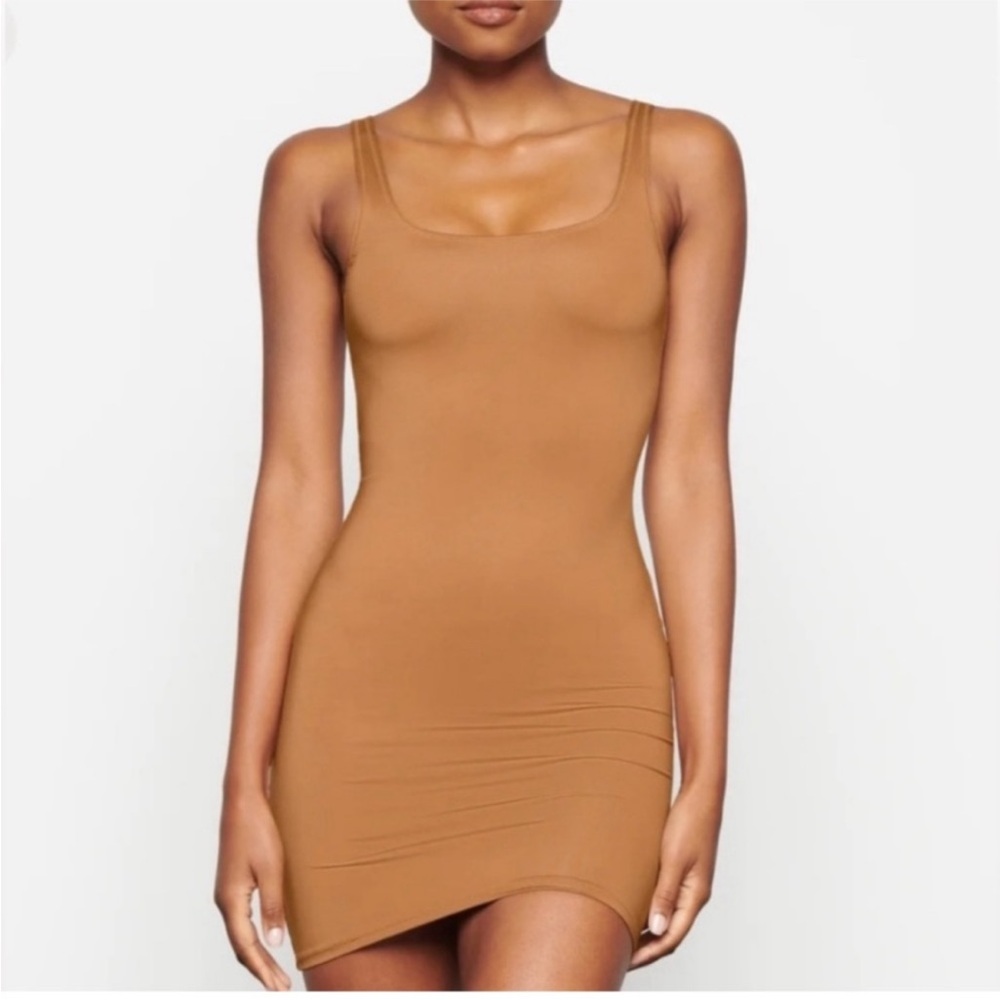 SKIMS Signature Swim Tank Dress Swimsuit Coverup in Almond Size Medium